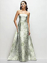 Front View Thumbnail - Cottage Rose Sage Strapless Floral Satin Column Dress with Removeable Watteau Train