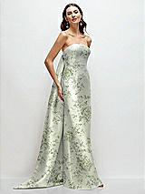 Side View Thumbnail - Cottage Rose Sage Strapless Floral Satin Column Dress with Removeable Watteau Train