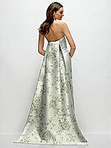 Rear View Thumbnail - Cottage Rose Sage Strapless Floral Satin Column Dress with Removeable Watteau Train