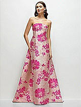 Front View Thumbnail - Hibiscus Pink Multi Hibiscus Pink Strapless Floral Jacquard Column Dress with Removeable Watteau Train