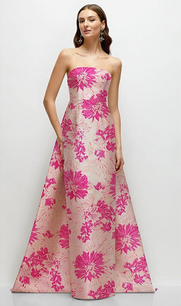 Front View - Hibiscus Pink Multi Hibiscus Pink Strapless Floral Jacquard Column Dress with Removeable Watteau Train