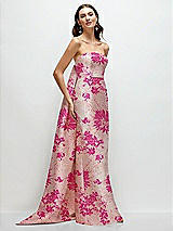 Side View Thumbnail - Hibiscus Pink Multi Hibiscus Pink Strapless Floral Jacquard Column Dress with Removeable Watteau Train