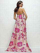 Rear View Thumbnail - Hibiscus Pink Multi Hibiscus Pink Strapless Floral Jacquard Column Dress with Removeable Watteau Train