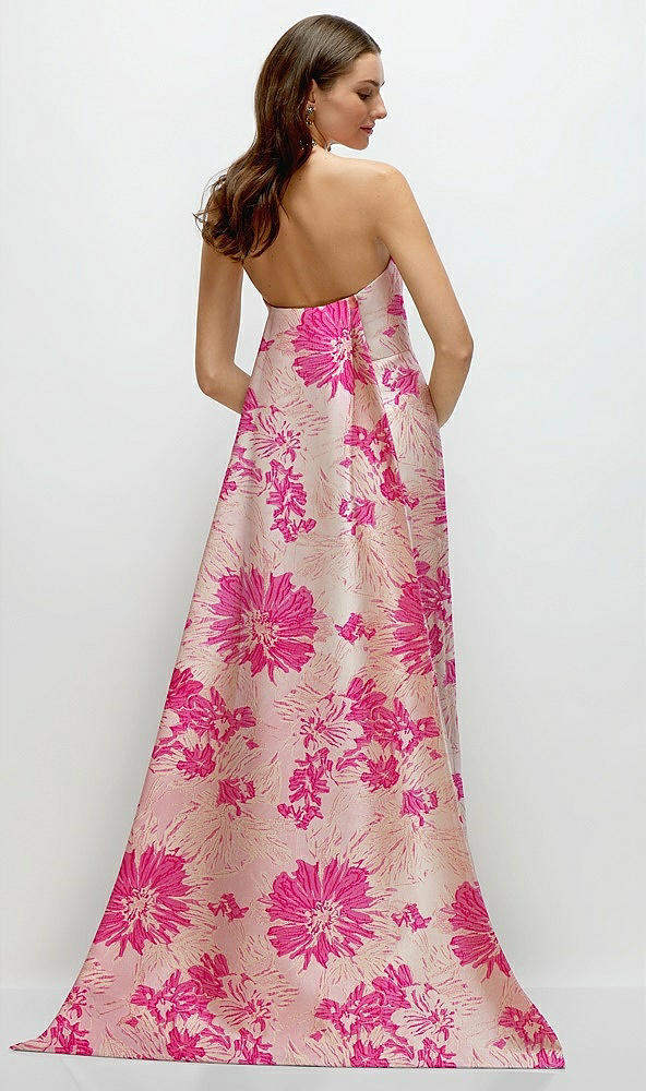 Back View - Hibiscus Pink Multi Hibiscus Pink Strapless Floral Jacquard Column Dress with Removeable Watteau Train