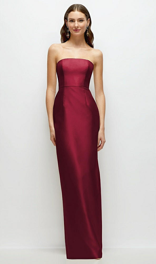 Front View - Burgundy Strapless Satin Column Dress with Back Slit