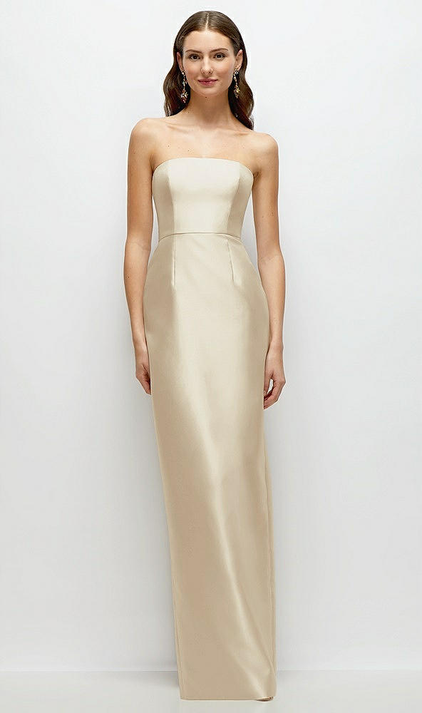 Front View - Champagne Strapless Satin Column Dress with Back Slit