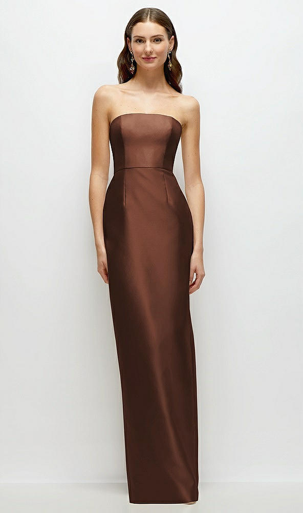 Front View - Cognac Strapless Satin Column Dress with Back Slit