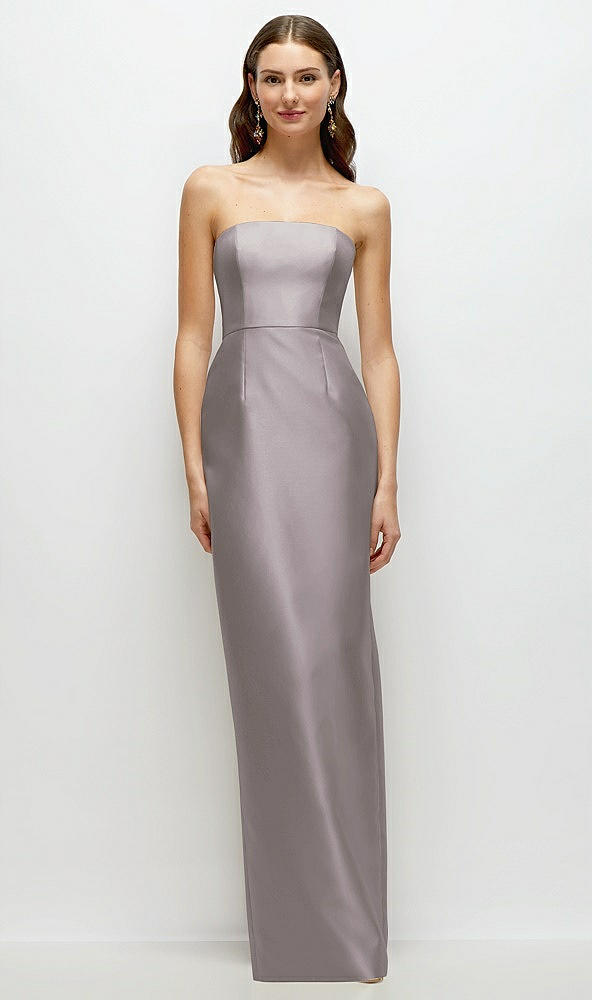 Front View - Cashmere Gray Strapless Satin Column Dress with Back Slit