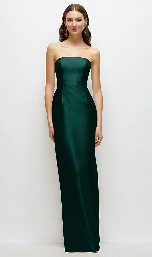 Front View - Evergreen Strapless Satin Column Dress with Back Slit