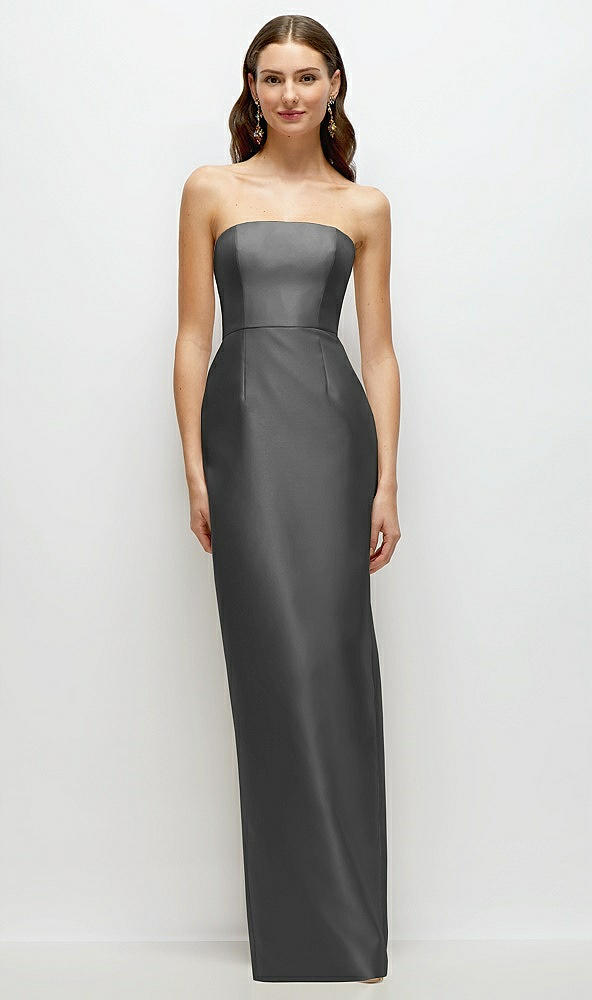 Front View - Gunmetal Strapless Satin Column Dress with Back Slit