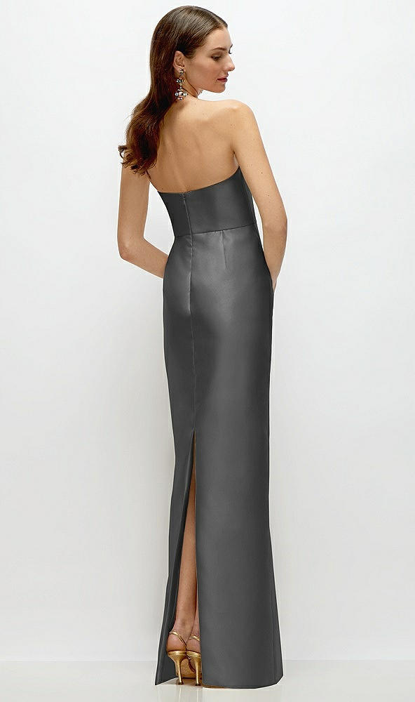 Back View - Gunmetal Strapless Satin Column Dress with Back Slit