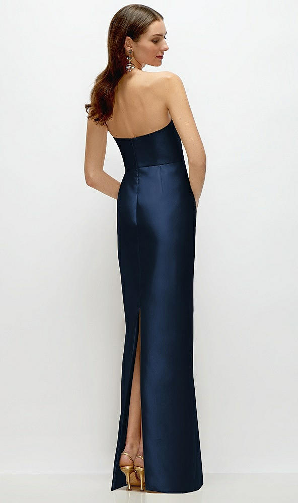 Back View - Midnight Navy Strapless Satin Column Dress with Back Slit