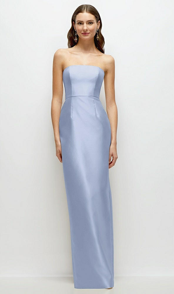 Front View - Sky Blue Strapless Satin Column Dress with Back Slit