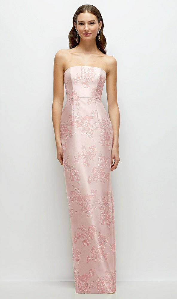 Front View - Bow And Blossom Print Strapless Floral Satin Column Dress with Back Slit