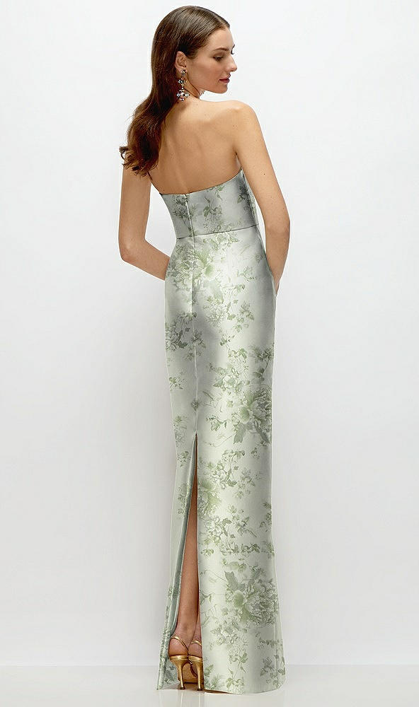 Back View - Cottage Rose Sage Strapless Floral Satin Column Dress with Back Slit