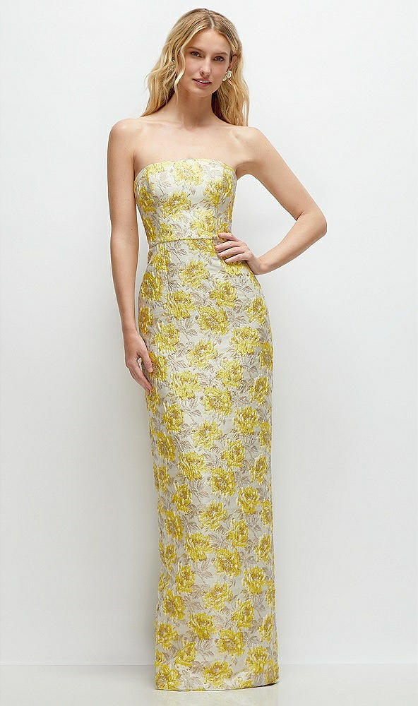 Front View - Golden Yellow Golden Yellow Strapless Floral Jacquard Column Dress with Back Slit