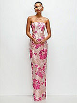 Front View Thumbnail - Hibiscus Pink Multi Hibiscus Pink Strapless Floral Jacquard Column Dress with Back Slit