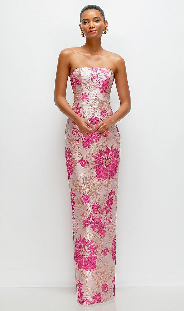 Front View - Hibiscus Pink Multi Hibiscus Pink Strapless Floral Jacquard Column Dress with Back Slit