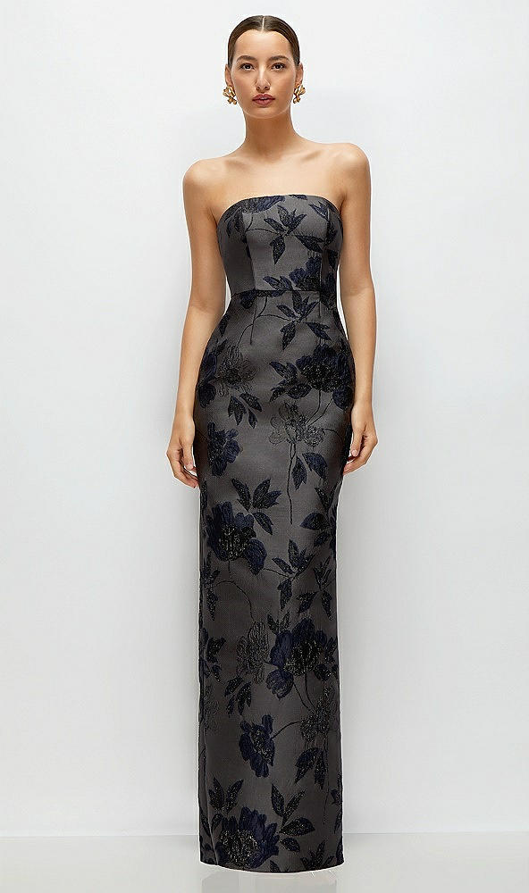 Front View - Noir Midnight Navy Noir Midnight Navy Strapless Floral Metallic Jacquard Column Dress with Back Slit