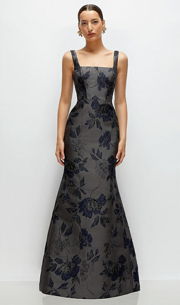 Front View - Noir Midnight Navy Noir Midnight Navy Floral Metallic Jacquard Square Neck Maxi Dress with Trumpet Skirt