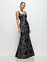 Side View Thumbnail - Noir Midnight Navy Noir Midnight Navy Floral Metallic Jacquard Square Neck Maxi Dress with Trumpet Skirt