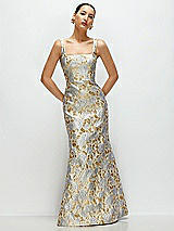 Front View Thumbnail - Winter Mist Gold Leaf Brocade Floral Square Neck Maxi Dress with Trumpet Skirt