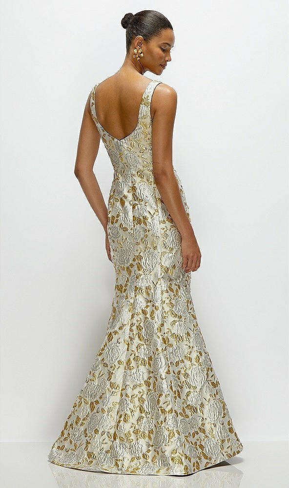 Back View - Winter Rose Gold Leaf Brocade Floral Square Neck Maxi Dress with Trumpet Skirt