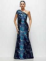 Front View Thumbnail - Midnight Navy Damask Midnight Navy Bow One-Shoulder Baroque Rose Damask Maxi Dress with Trumpet Skirt