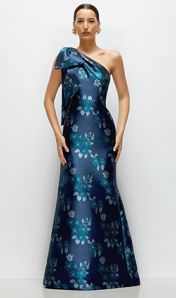 Front View - Midnight Navy Damask Midnight Navy Bow One-Shoulder Baroque Rose Damask Maxi Dress with Trumpet Skirt