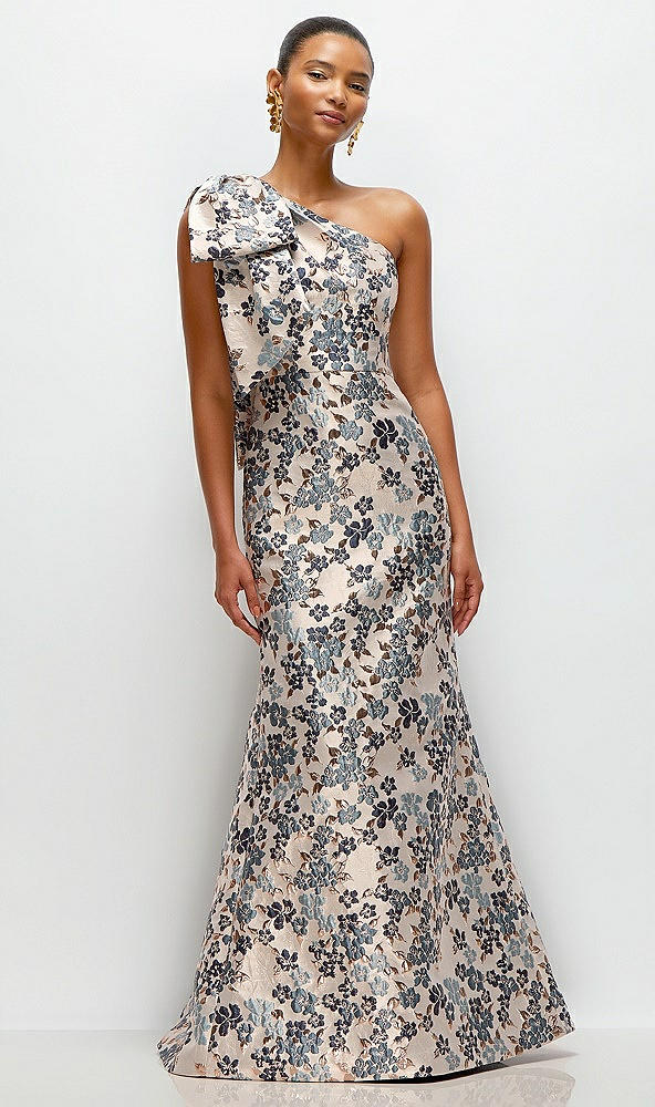 Front View - Indigo Midnight Bow One-Shoulder Gilt Indigo Brocade Floral Maxi Dress with Trumpet Skirt