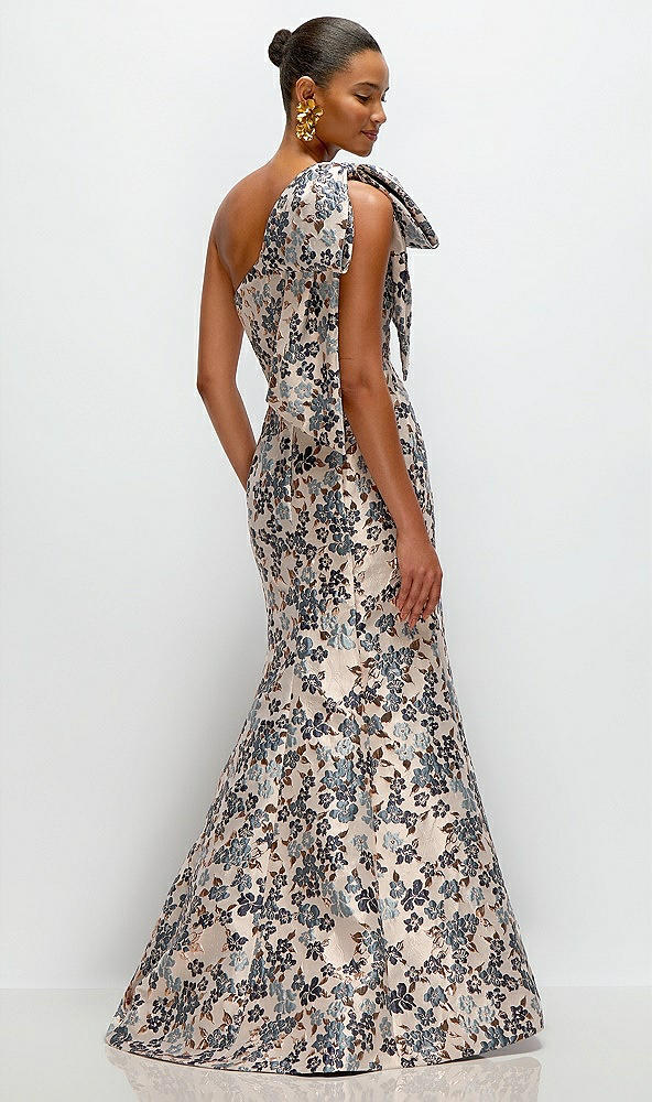 Back View - Indigo Midnight Bow One-Shoulder Gilt Indigo Brocade Floral Maxi Dress with Trumpet Skirt