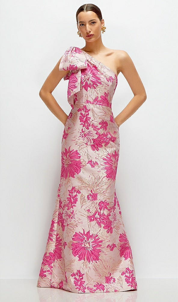 Front View - Hibiscus Pink Multi Hibiscus Pink Bow One-Shoulder Floral Jacquard Maxi Dress with Trumpet Skirt