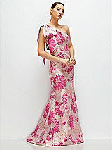 Side View Thumbnail - Hibiscus Pink Multi Hibiscus Pink Bow One-Shoulder Floral Jacquard Maxi Dress with Trumpet Skirt