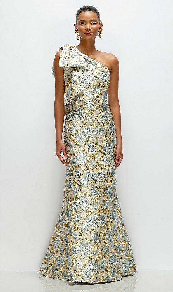 Front View - Winter Mist Bow One-Shoulder Gold Leaf Brocade Maxi Dress with Trumpet Skirt