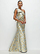 Side View Thumbnail - Winter Mist Bow One-Shoulder Gold Leaf Brocade Maxi Dress with Trumpet Skirt