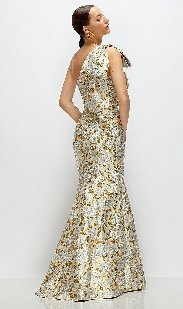 Back View - Winter Rose Bow One-Shoulder Gold Leaf Brocade Maxi Dress with Trumpet Skirt