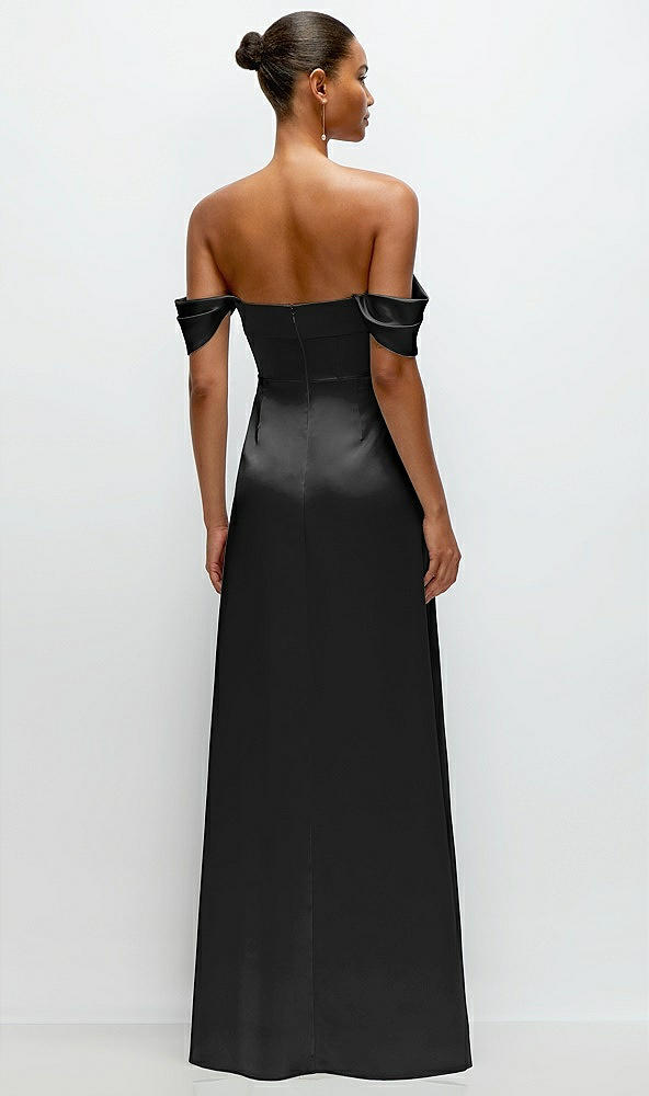 Back View - Black A-Line Satin Maxi Dress with Convertible Off-the-Shoulder or Strapless Looks 