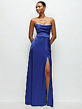 Alt View 1 Thumbnail - Cobalt Blue A-Line Satin Maxi Dress with Convertible Off-the-Shoulder or Strapless Looks 