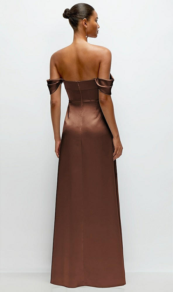 Back View - Cognac A-Line Satin Maxi Dress with Convertible Off-the-Shoulder or Strapless Looks 