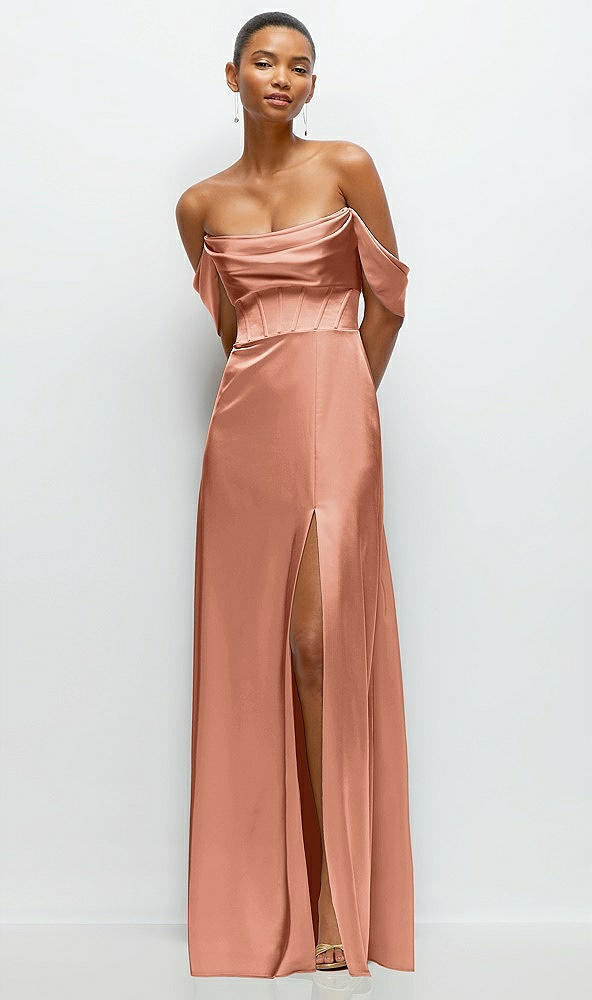 Front View - Copper Penny A-Line Satin Maxi Dress with Convertible Off-the-Shoulder or Strapless Looks 