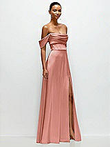 Side View Thumbnail - Desert Rose A-Line Satin Maxi Dress with Convertible Off-the-Shoulder or Strapless Looks 