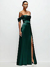 Side View Thumbnail - Evergreen A-Line Satin Maxi Dress with Convertible Off-the-Shoulder or Strapless Looks 