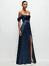 Side View Thumbnail - Midnight Navy A-Line Satin Maxi Dress with Convertible Off-the-Shoulder or Strapless Looks 