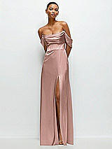 Front View Thumbnail - Neu Nude A-Line Satin Maxi Dress with Convertible Off-the-Shoulder or Strapless Looks 