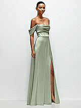 Side View Thumbnail - Sage A-Line Satin Maxi Dress with Convertible Off-the-Shoulder or Strapless Looks 