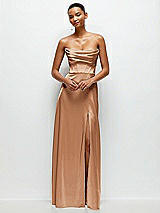 Alt View 2 Thumbnail - Toffee A-Line Satin Maxi Dress with Convertible Off-the-Shoulder or Strapless Looks 