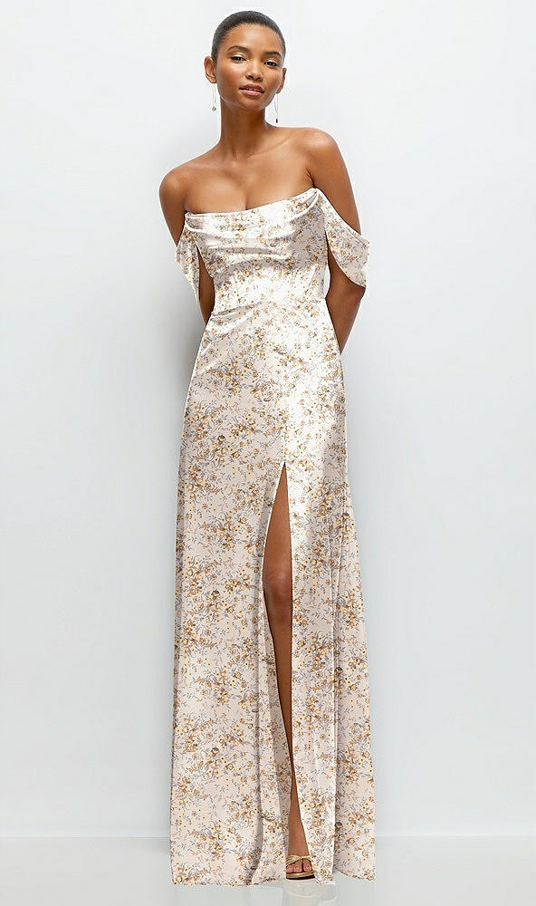 Front View - Golden Hour Floral A-Line Satin Maxi Dress with Convertible Off-the-Shoulder or Strapless Looks 