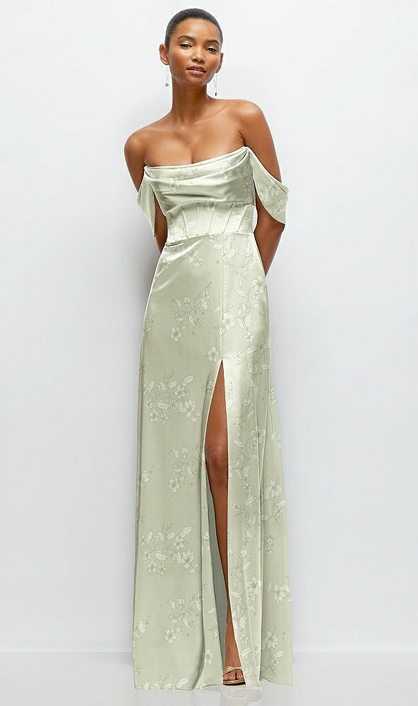 Front View - Vintage Primrose Celadon Floral A-Line Satin Maxi Dress with Convertible Off-the-Shoulder or Strapless Looks 