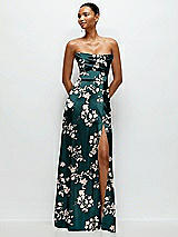 Alt View 1 Thumbnail - Vintage Primrose Evergreen Floral A-Line Satin Maxi Dress with Convertible Off-the-Shoulder or Strapless Looks 