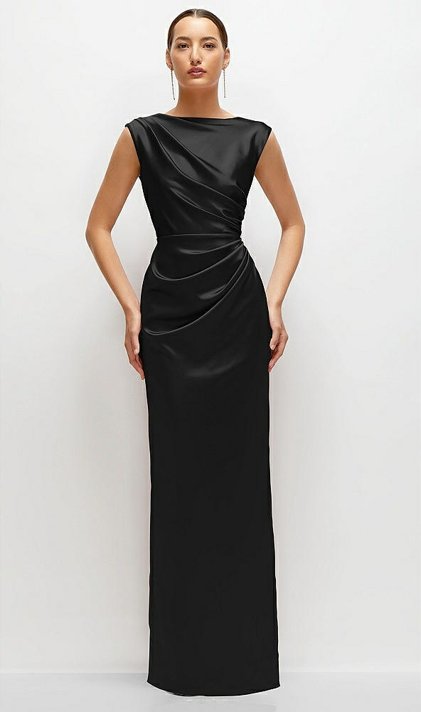 Front View - Black High Neck Sleeveless Cap Shoulder Satin Maxi Dress